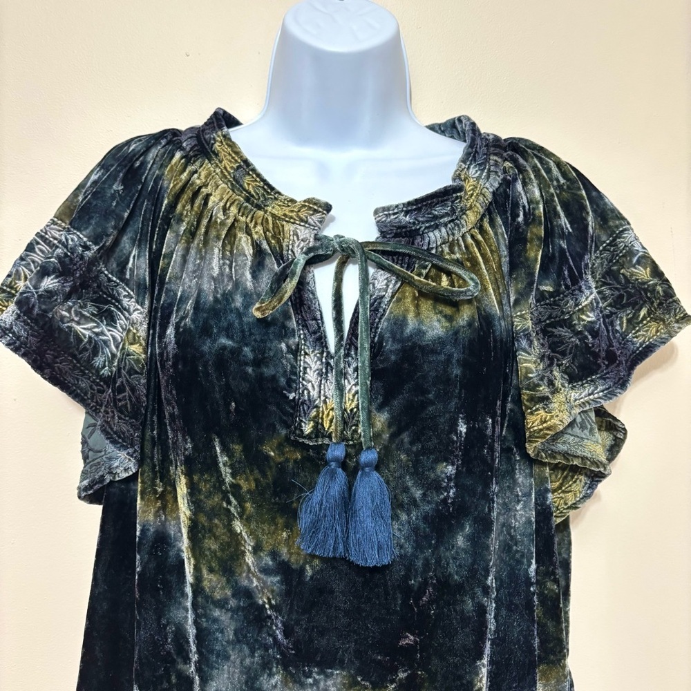 NWT Kyla Seo Blouse Crushed Velvet Green Sz S Boho Embroidered Whimsigoth Fairy - Picture 5 of 16